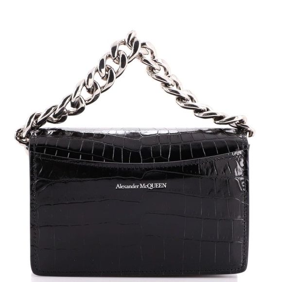 Alexander McQueen Four Ring Chain Handle Bag Crocodile Embossed Leather Mini - Picture 4 of 7